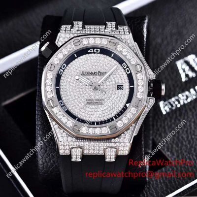 Clone AP Royal Oak Offshore SS Diamond Bezel Black Rubber Band